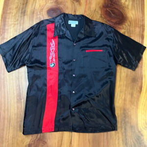 Vintage Y2K 90s Filter Shirt Mens Large Satin Embroidered Flame Bowling YY27